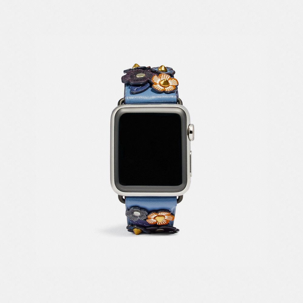 COACH®,APPLE WATCH® STRAP WITH TEA ROSE, 38MM,Leather,Stone Blue/Cadet,Front View