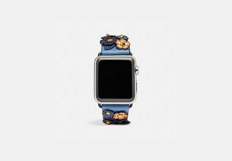COACH®,APPLE WATCH® STRAP WITH TEA ROSE, 38MM,Leather,Stone Blue/Cadet,Front View