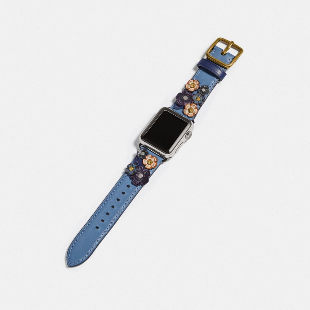 COACH®,APPLE WATCH® STRAP WITH TEA ROSE, 38MM,Leather,Stone Blue/Cadet,Angle View