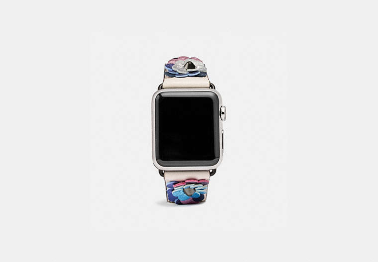 COACH®,APPLE WATCH® STRAP WITH LEATHER SEQUINS, 38MM,CHALK/MULTI,Front View