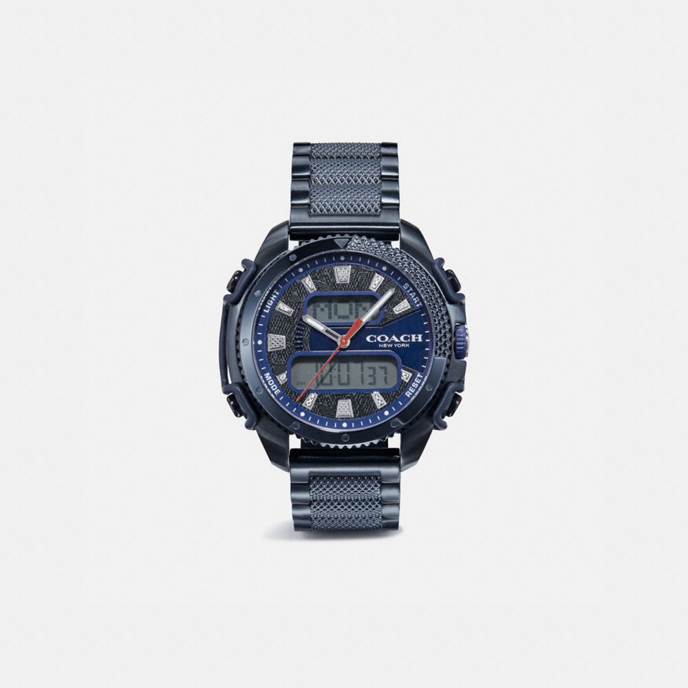 COACH®,MONTRE C001, 46 MM,Métal,BLEU MARINE,Front View