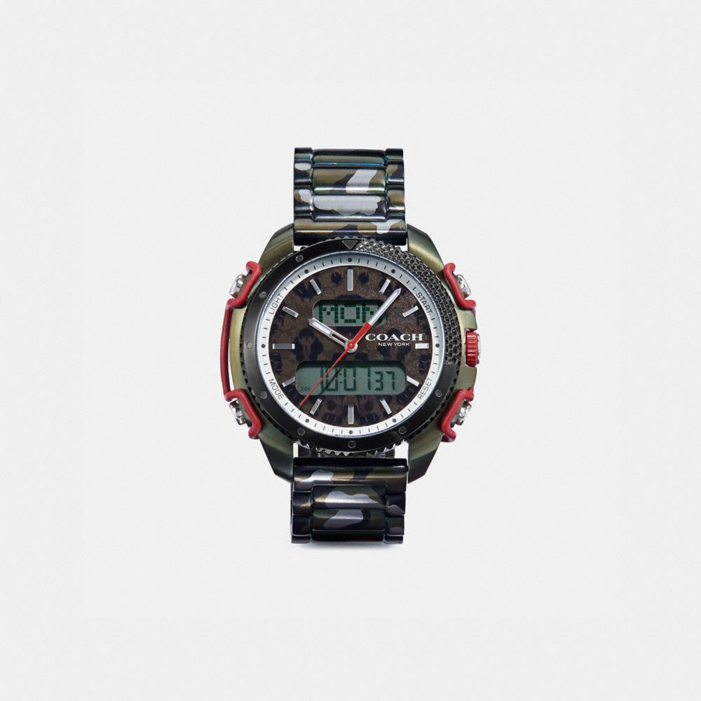 COACH®,C001 WATCH, 46MM,Metal,Olive,Front View