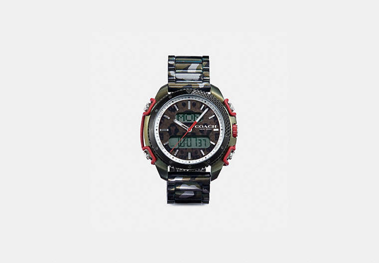 COACH®,C001 WATCH, 46MM,Metal,Olive,Front View