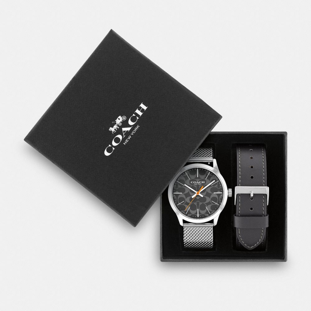 COACH®,COFFRET-CADEAU MONTRE BAXTER, 39 MM,Cuir,GRIS,Front View