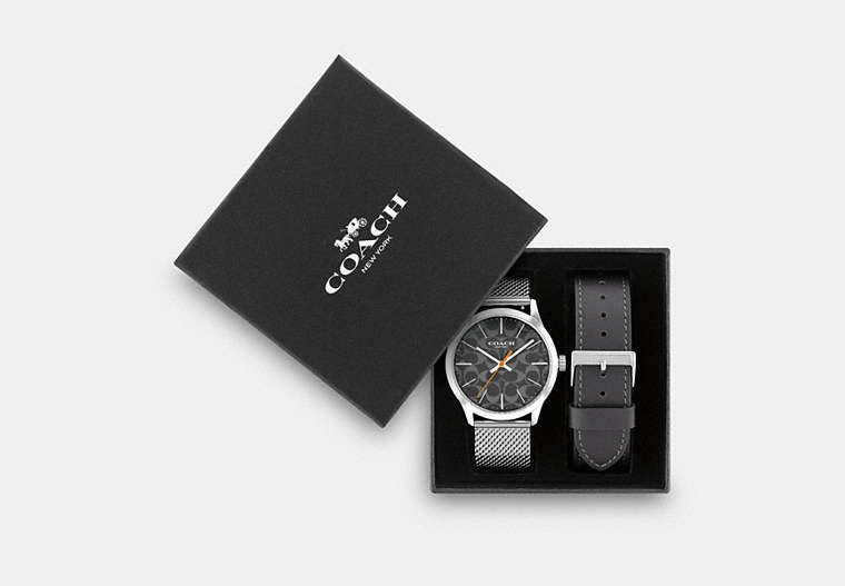 COACH®,BOXED BAXTER WATCH GIFT SET, 39MM,Leather,GREY,Front View