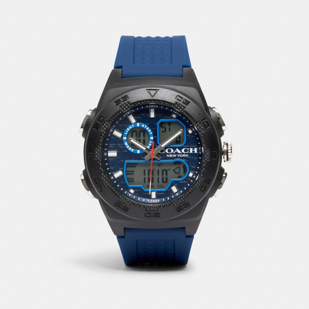 COACH®,MONTRE C001, 45 MM,Caoutchouc,BLEU,Front View