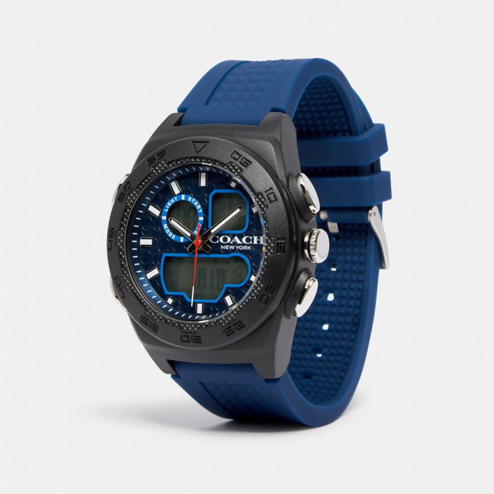 COACH®,MONTRE C001, 45 MM,Caoutchouc,BLEU,Angle View