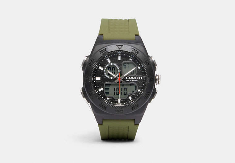 COACH®,C100 WATCH, 45MM,Rubber,GREEN,Front View