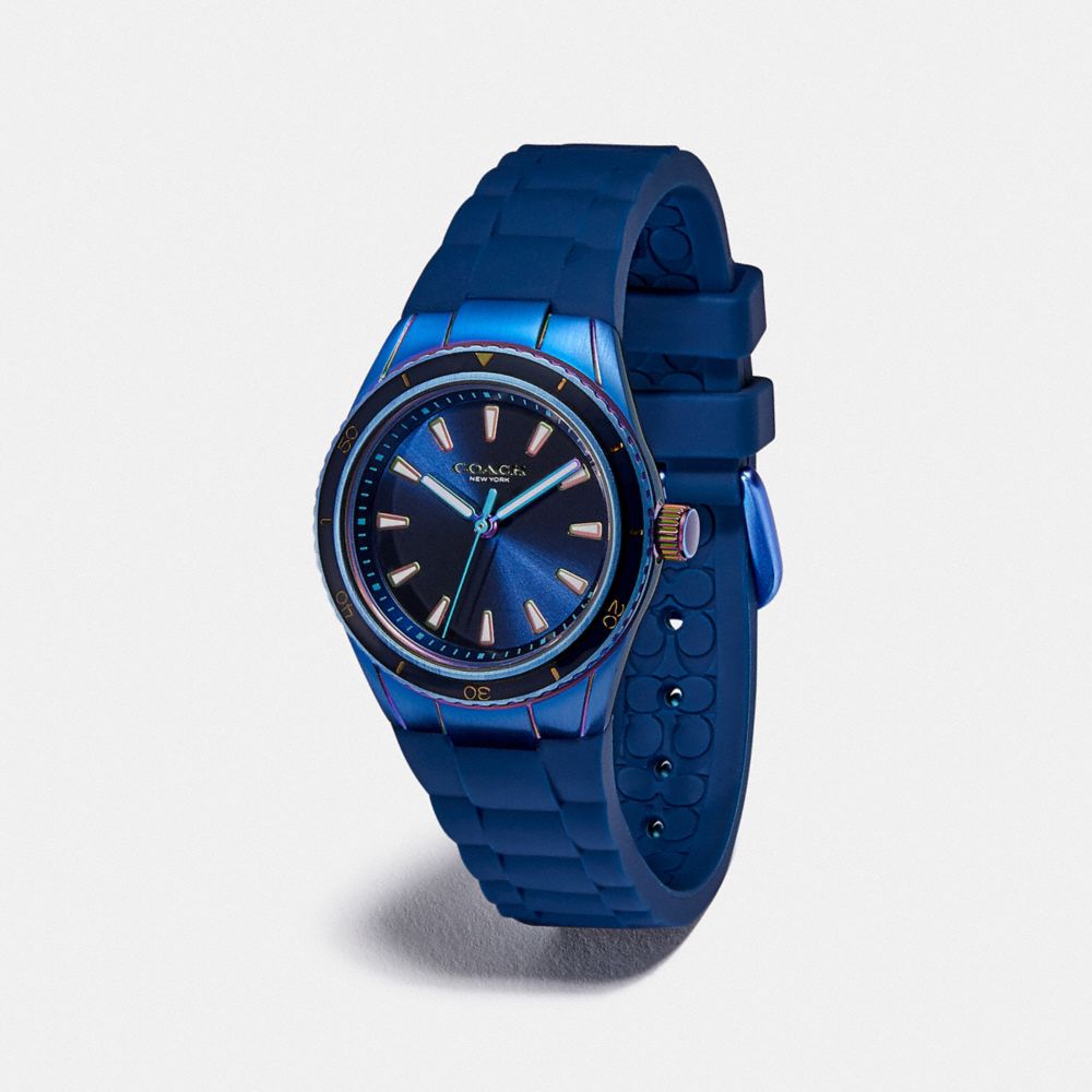 COACH®,PRESTON SPORT WATCH, 32MM,Rubber,NAVY,Angle View