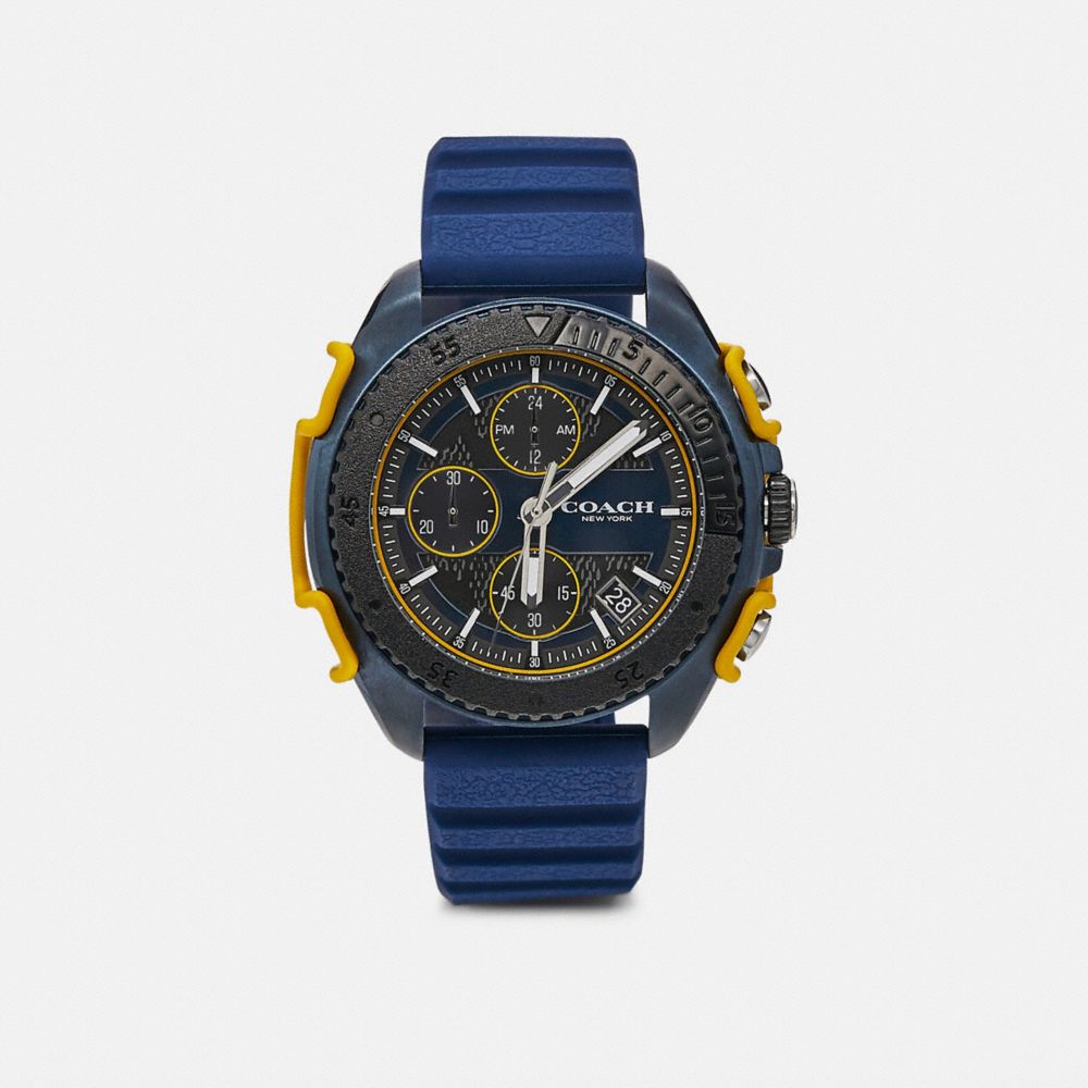 COACH®,C001 WATCH, 45MM,Rubber,Blue/Charcoal,Front View