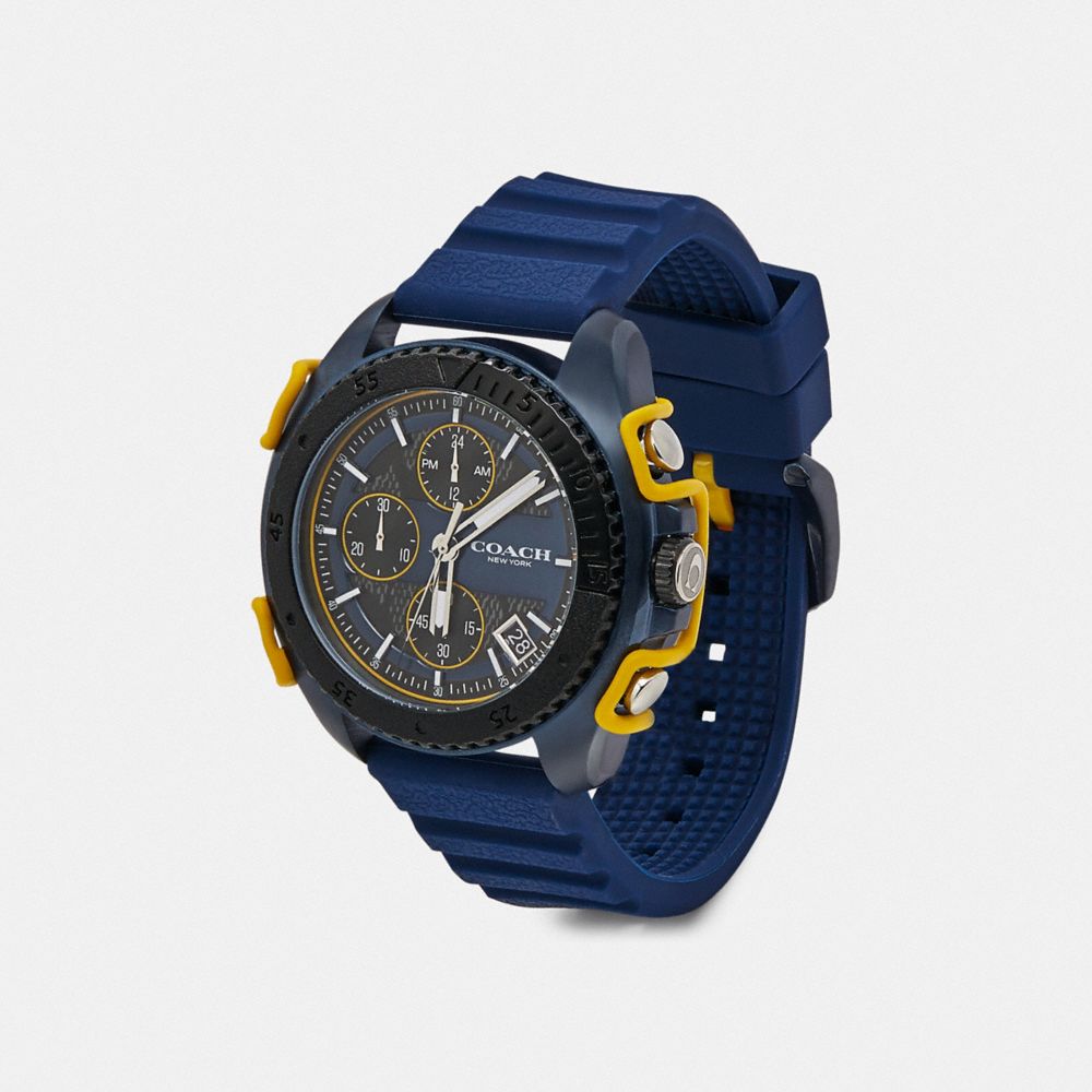 COACH®,C001 WATCH, 45MM,Rubber,Blue/Charcoal,Angle View