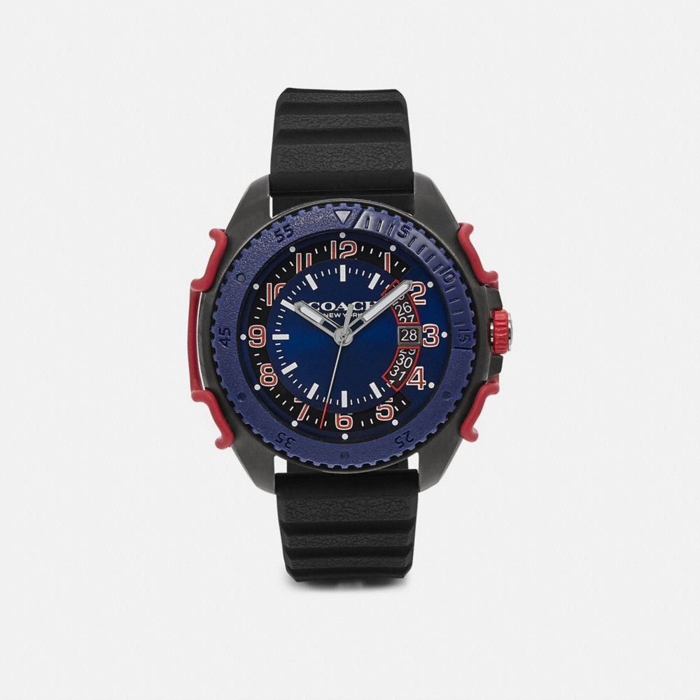 COACH®,C001 WATCH, 45MM,Rubber,Black/Navy,Front View image number 0