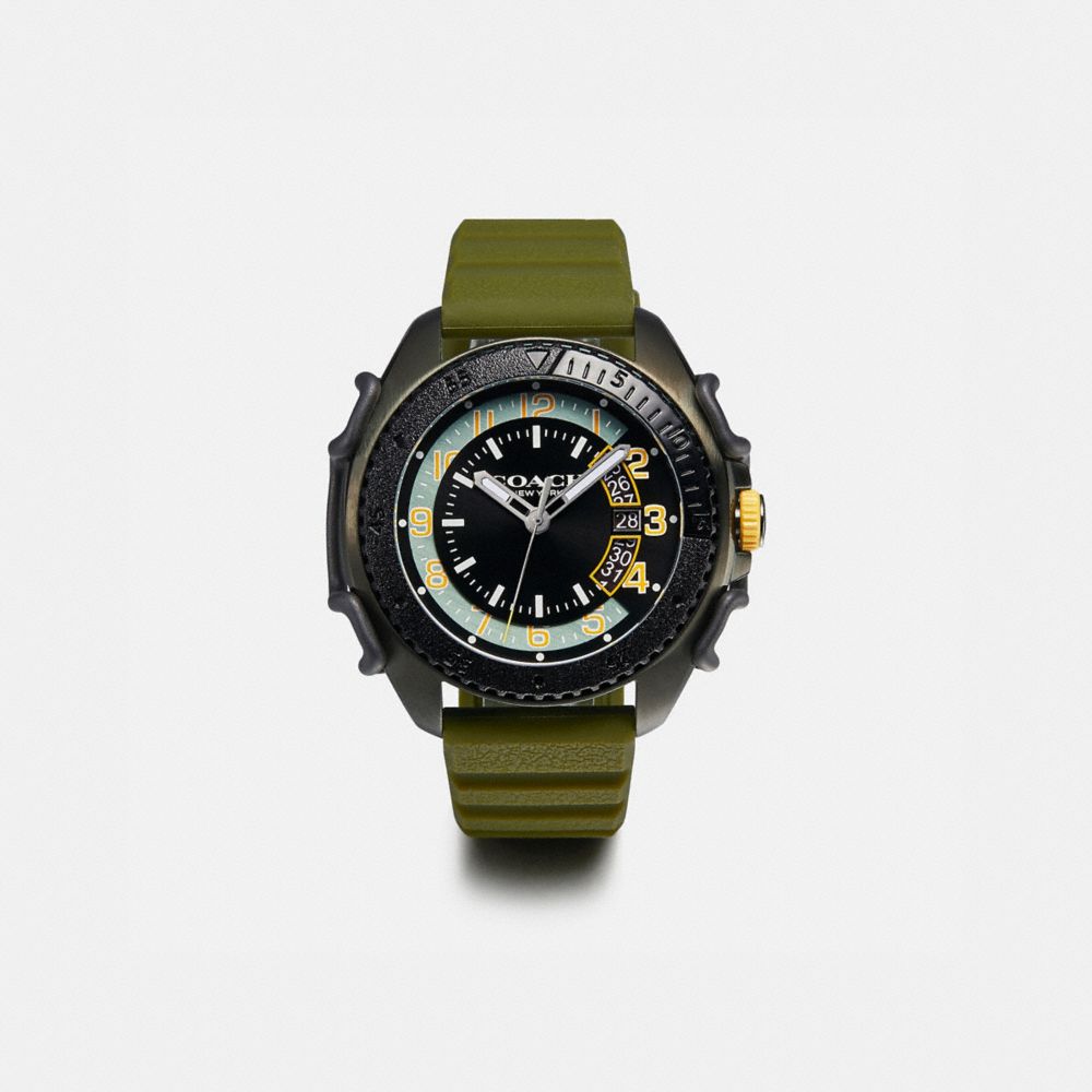 COACH®,C001 WATCH, 45MM,Rubber,OLIVE/BLACK,Front View