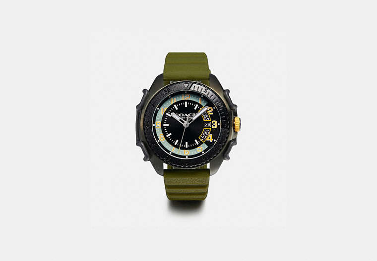 COACH®,C001 WATCH, 45MM,Rubber,OLIVE/BLACK,Front View image number 0