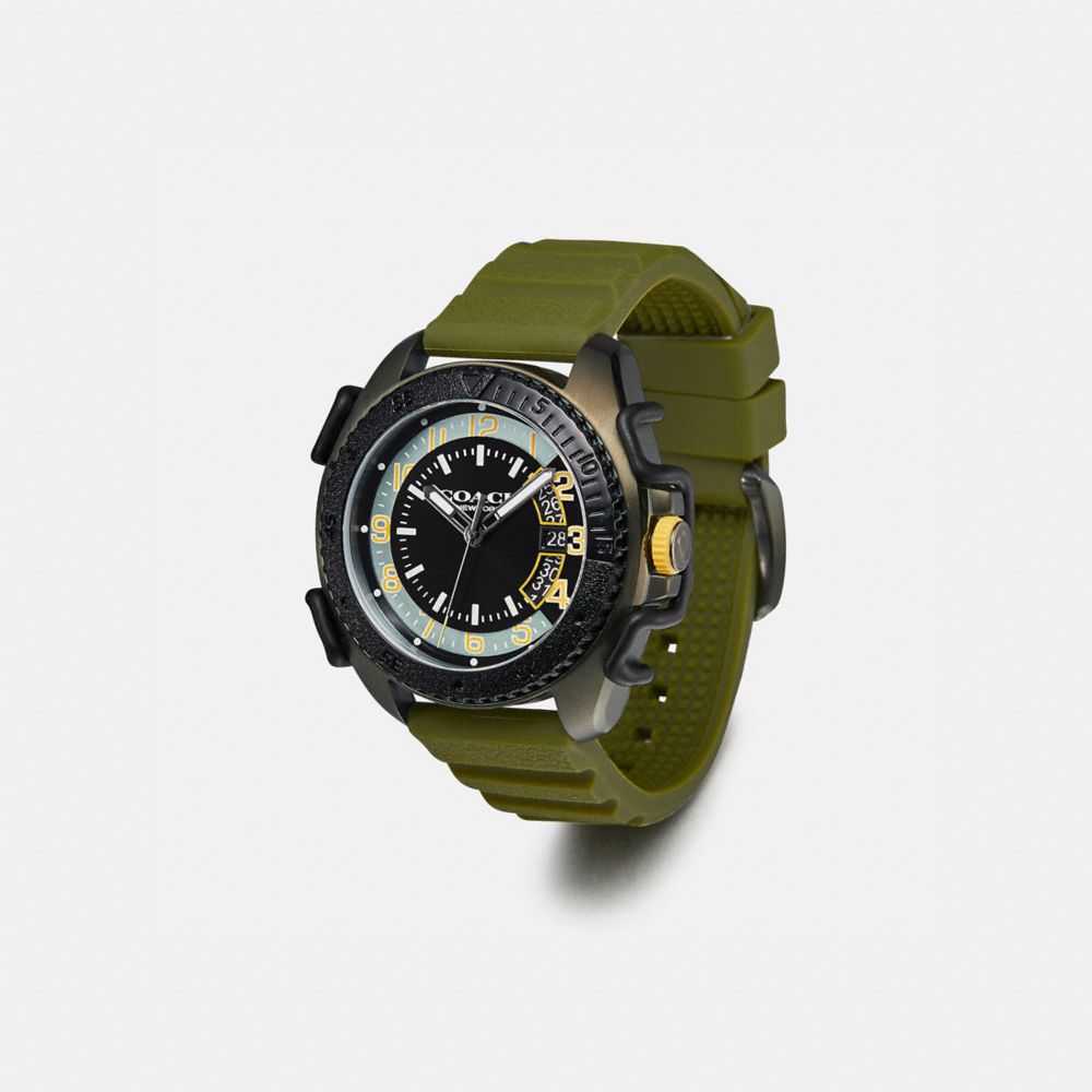 COACH®,C001 WATCH, 45MM,Rubber,OLIVE/BLACK,Angle View