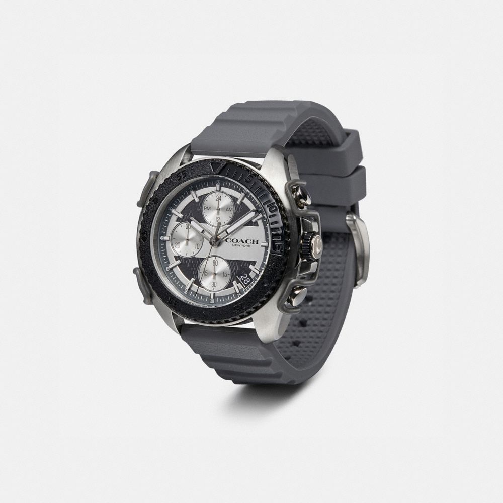 COACH®,C001 WATCH, 45MM,Rubber,GREY/CHARCOAL,Angle View