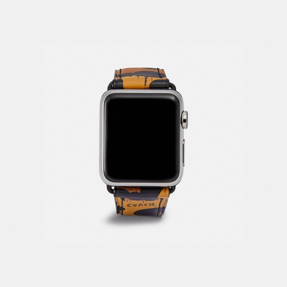 COACH®,APPLE WATCH® STRAP WITH CAMO PRINT, 38MM,Leather,Black,Front View image number 0