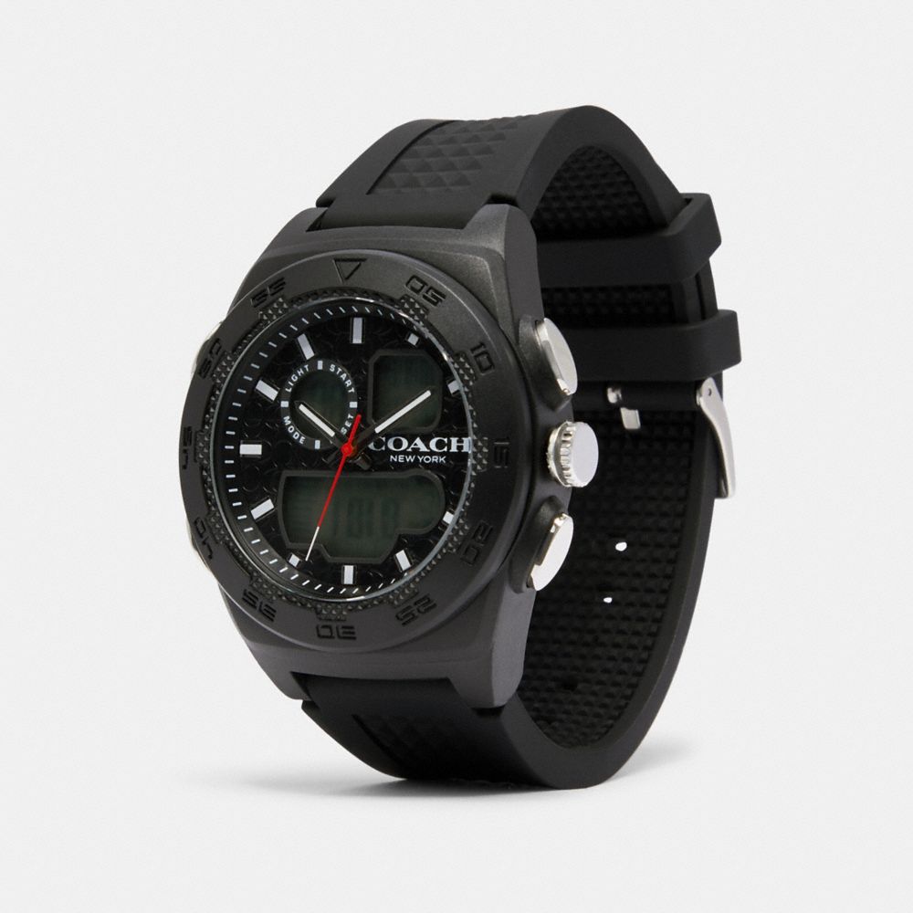 COACH®,C100 WATCH, 45MM,Rubber,Black,Angle View