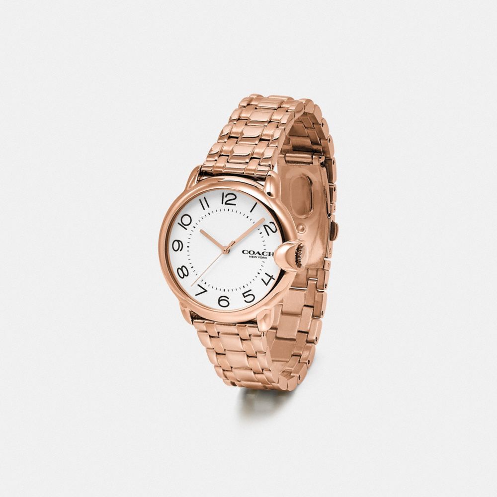 COACH®,ARDEN WATCH, 36MM,Plated Brass/Leather,Rose gold,Angle View