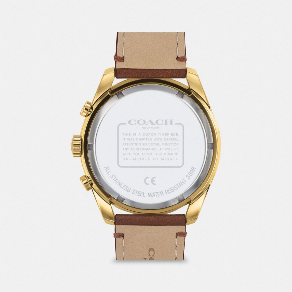 COACH®,PRESTON WATCH, 44MM,Leather,Saddle,Back View