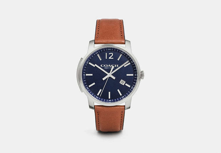 COACH®,BLEECKER SLIM THREE HAND WATCH, 42MM,Leather,NAVY/SADDLE,Front View