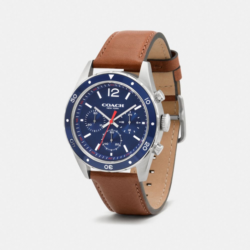 COACH®,SULLIVAN SPORT CHRONO WATCH, 44MM,Metal,NAVY/SADDLE,Angle View