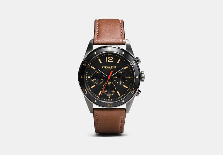 COACH®,SULLIVAN SPORT CHRONO WATCH, 44MM,Leather,Gunmetal/Saddle,Front View image number 0