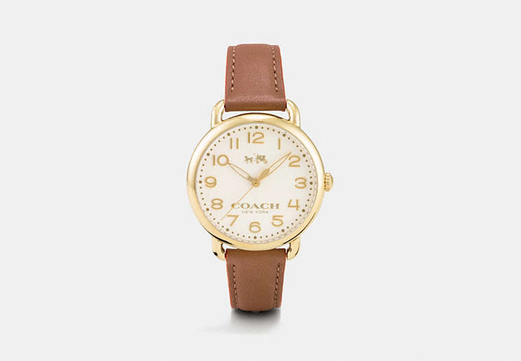 COACH®,75TH ANNIVERSARY DELANCEY GOLD PLATED LEATHER STRAP WATCH,Leather,Tabac,Front View