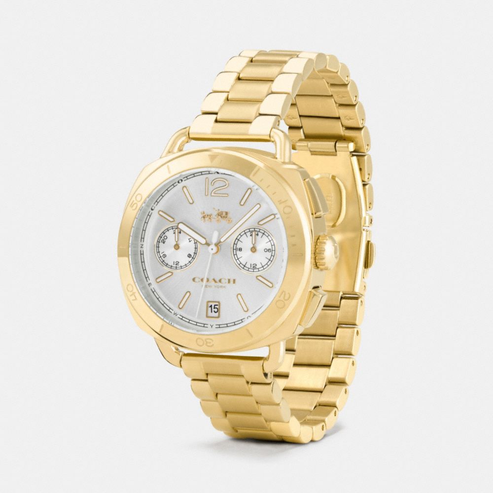 COACH®,TATUM GOLD TONE SUNRAY DIAL BRACELET WATCH,Metal,GOLD PLATED,Angle View