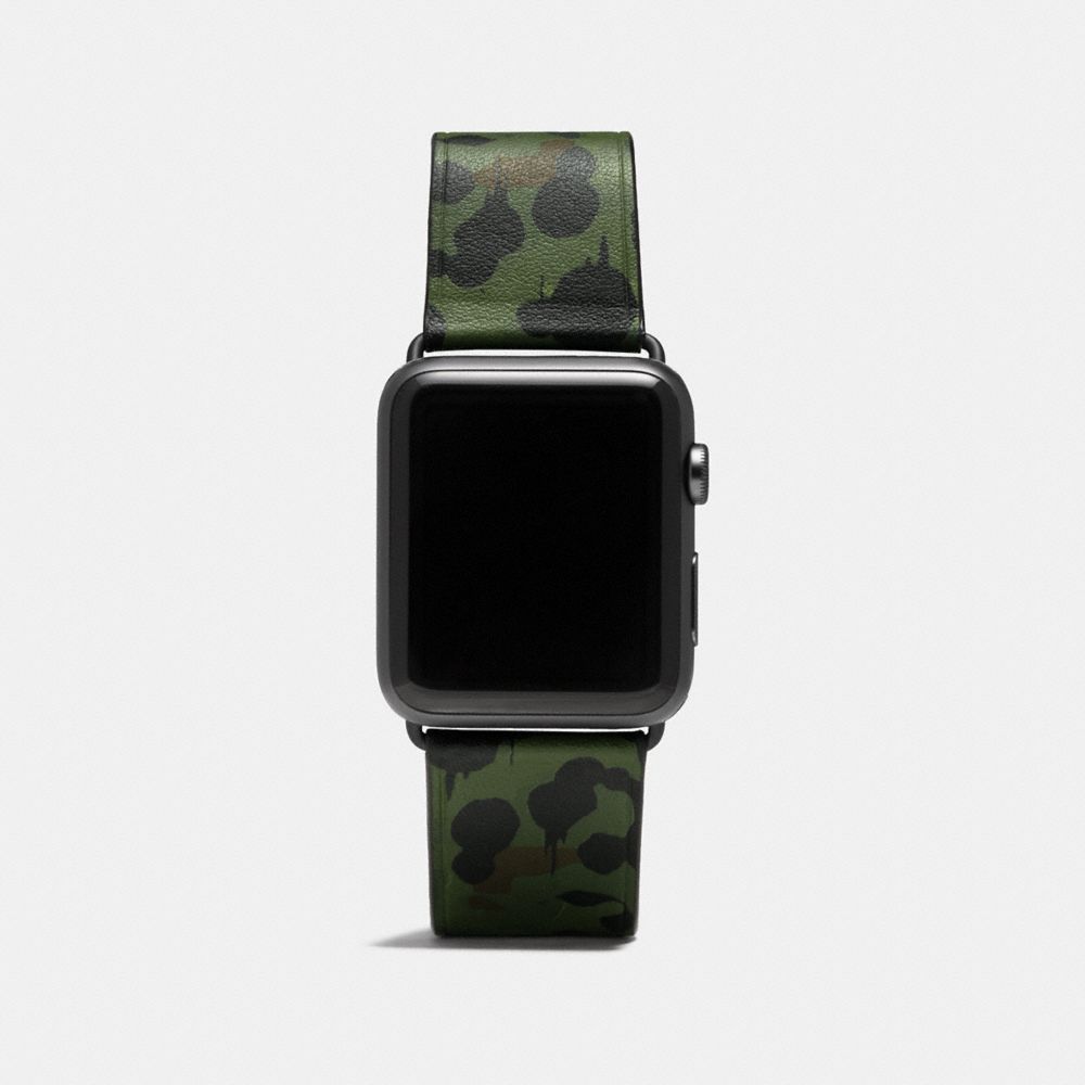 COACH®,APPLE WATCH® STRAP WITH CAMO PRINT, 42MM,Leather,MILITARY GREEN,Front View