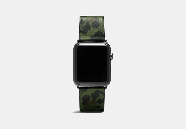 COACH®,APPLE WATCH® STRAP WITH CAMO PRINT, 42MM,Leather,MILITARY GREEN,Front View image number 0