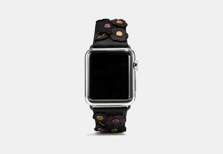 COACH®,APPLE WATCH® STRAP WITH TEA ROSE, 38MM,Leather,Black,Front View
