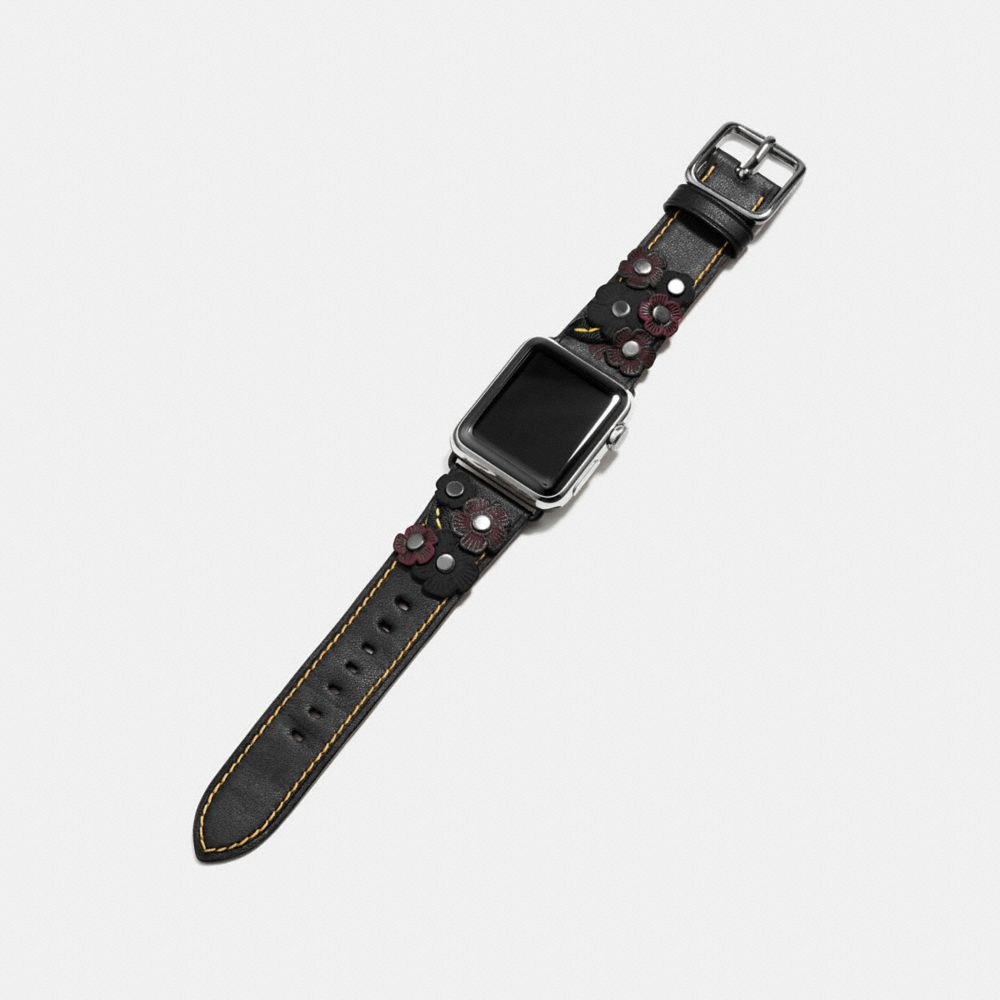 COACH®,APPLE WATCH® STRAP WITH TEA ROSE, 38MM,Leather,Black,Angle View