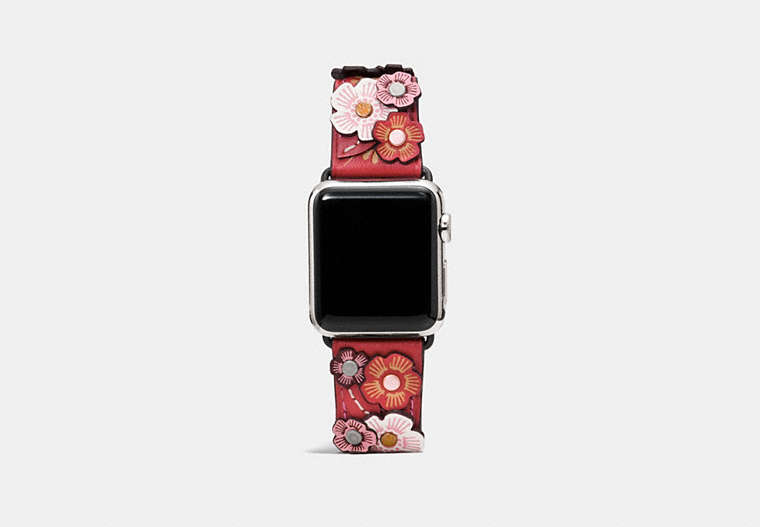 COACH®,APPLE WATCH® STRAP WITH TEA ROSE, 38MM,Leather,Black Copper/Washed Red,Front View