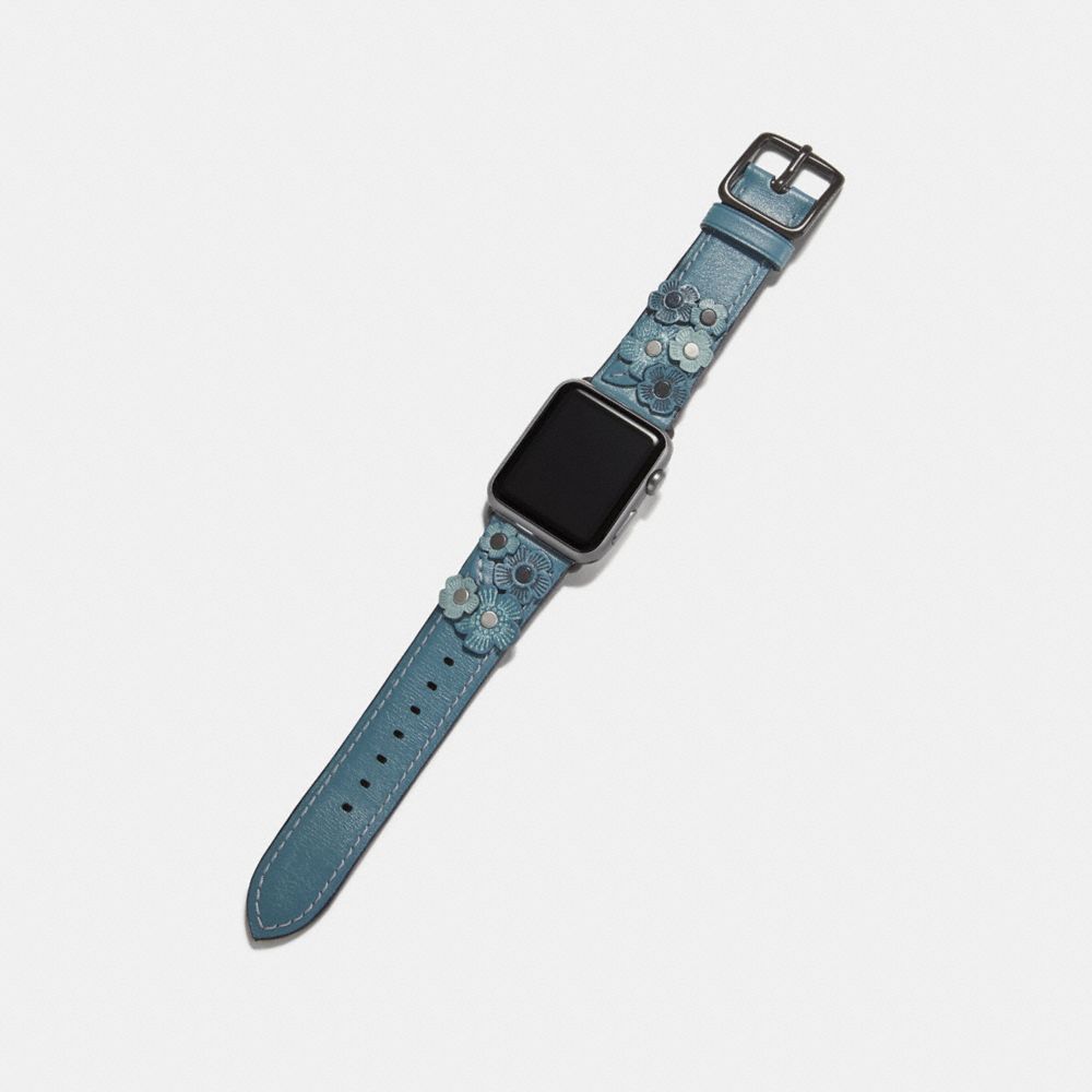 COACH®,APPLE WATCH® STRAP WITH TEA ROSE, 38MM,Leather,CHAMBRAY,Angle View
