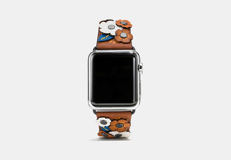 COACH®,APPLE WATCH® STRAP WITH TEA ROSE, 38MM,Leather,Tawny,Front View image number 0