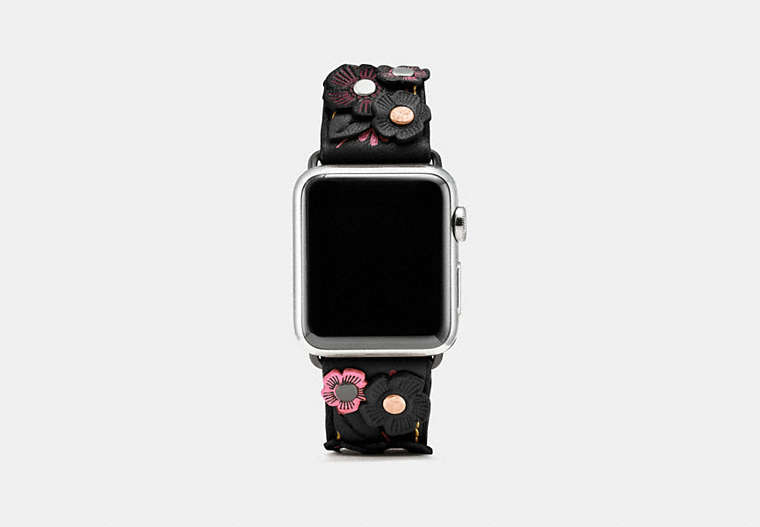 COACH®,APPLE WATCH® STRAP WITH TEA ROSE, 38MM,Leather,Black/Pink,Front View