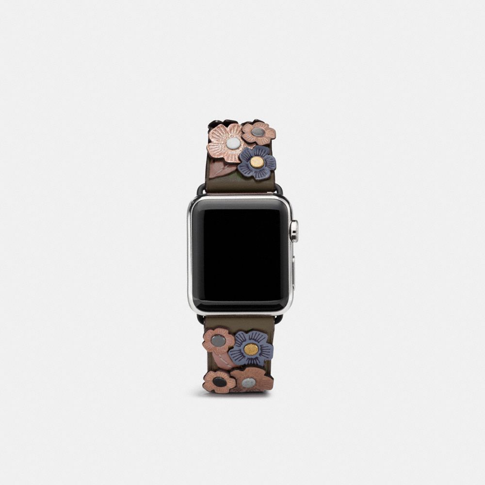 COACH®,APPLE WATCH® STRAP WITH TEA ROSE, 38MM,Leather,MOSS,Front View