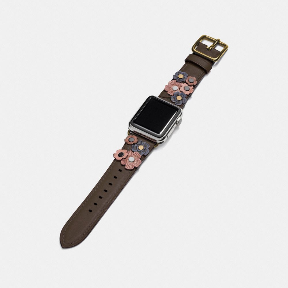 COACH®,APPLE WATCH® STRAP WITH TEA ROSE, 38MM,Leather,MOSS,Angle View