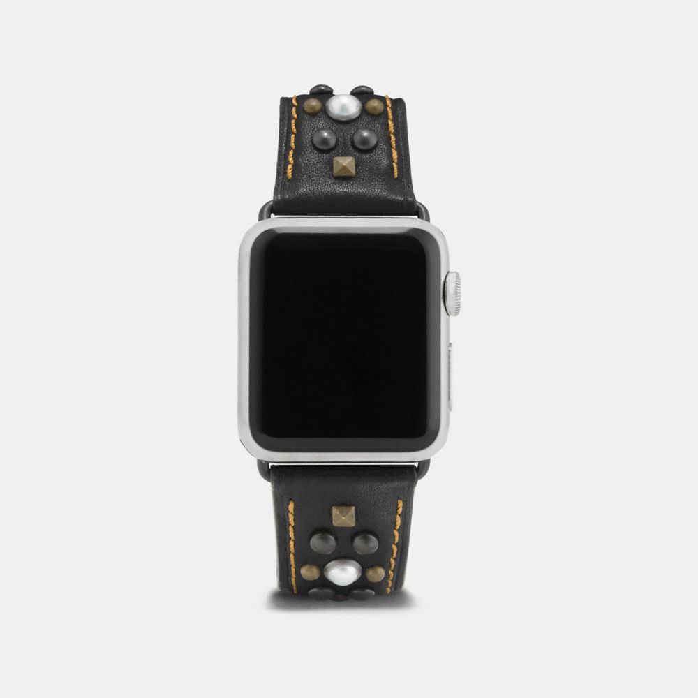 COACH®,APPLE WATCH® STRAP WITH STUDS,Leather,Black,Front View image number 0