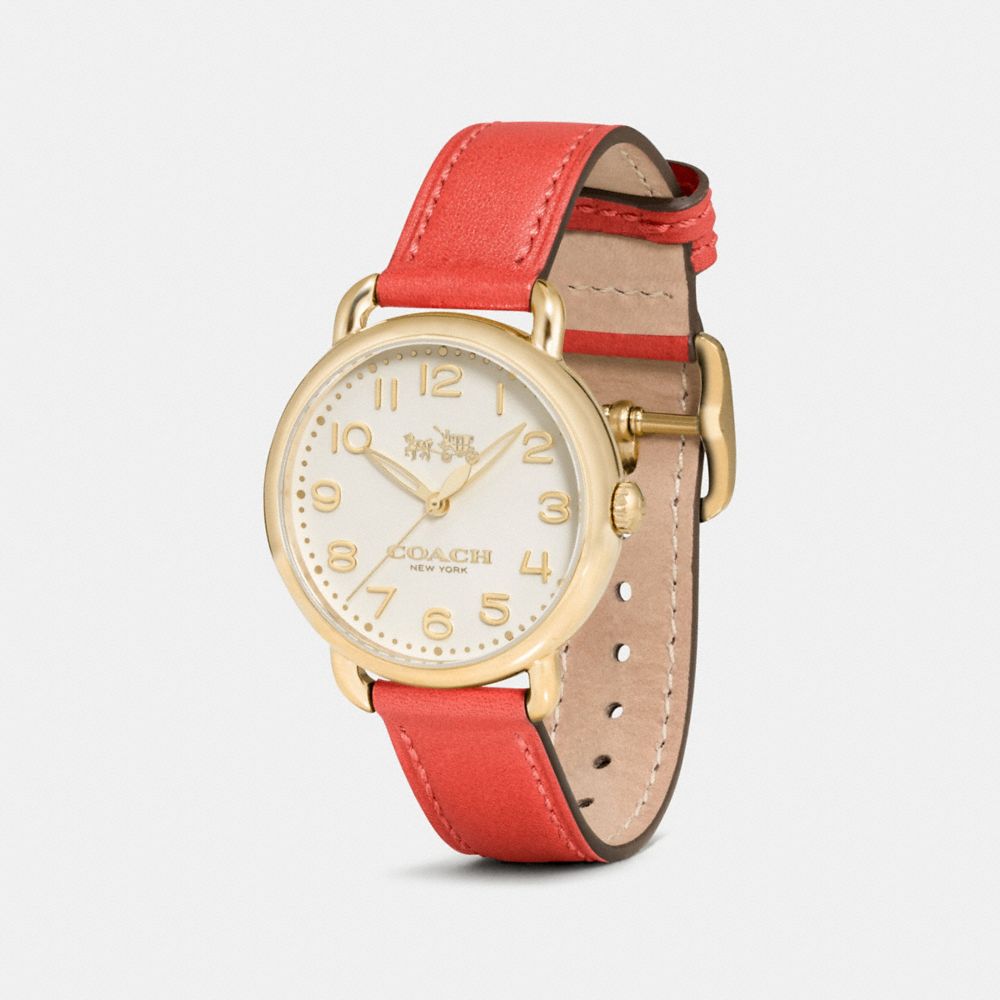 COACH®,DELANCEY WATCH, 36MM,Leather,Deep Coral,Angle View