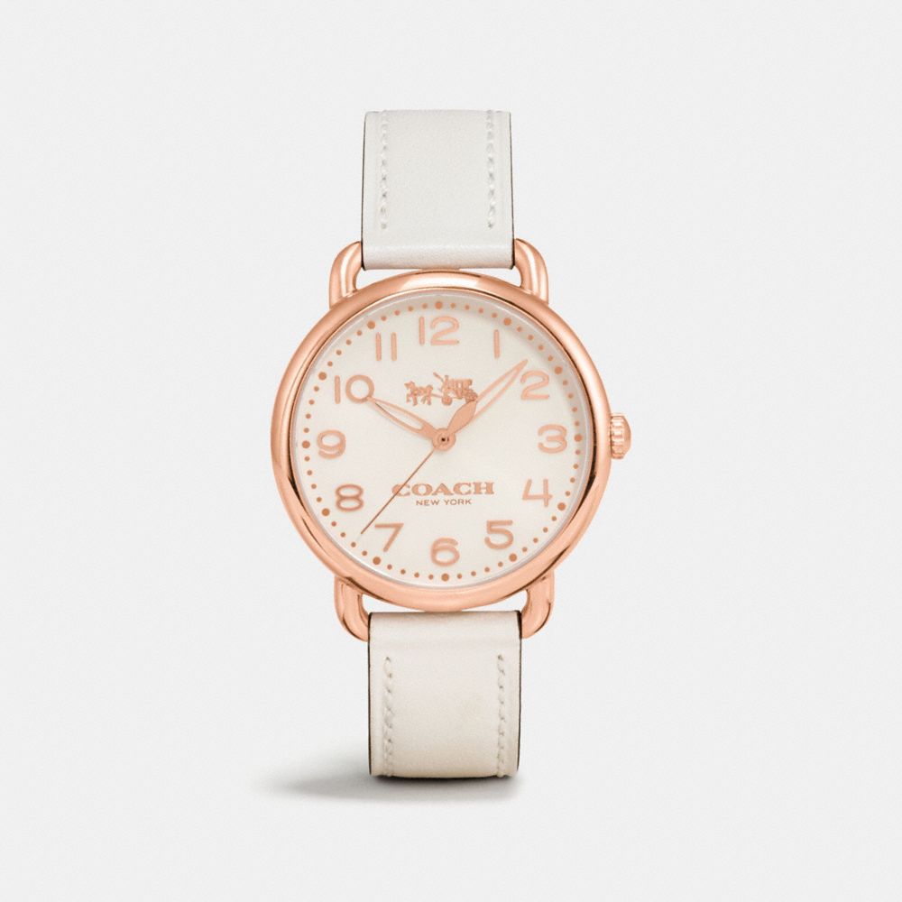 COACH®,DELANCEY ROSE GOLD TONE SUNRAY DIAL LEATHER STRAP WATCH,Cuir,Craie,Front View