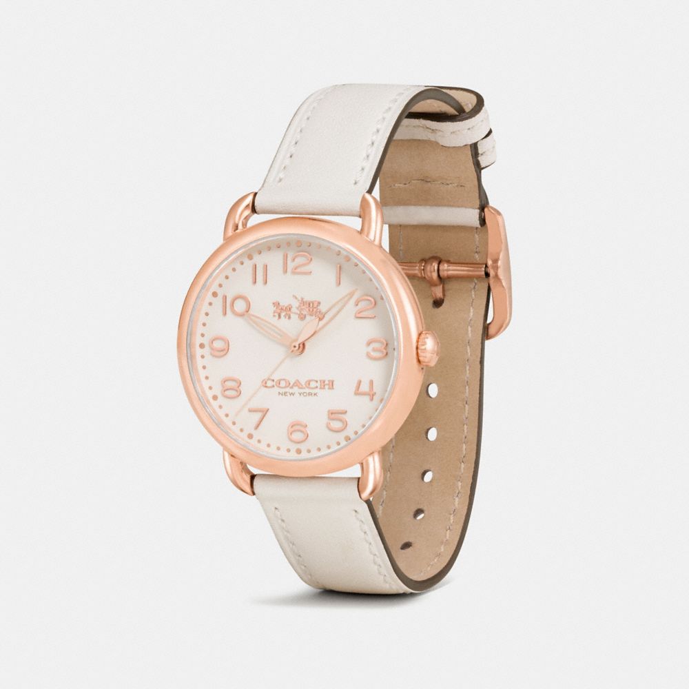 COACH®,DELANCEY ROSE GOLD TONE SUNRAY DIAL LEATHER STRAP WATCH,Cuir,Craie,Angle View