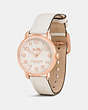 COACH®,DELANCEY ROSE GOLD TONE SUNRAY DIAL LEATHER STRAP WATCH,Leather,Chalk,Angle View