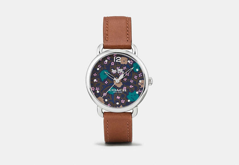 COACH®,DELANCEY WATCH WITH FLORAL DIAL, 36MM,Leather,Saddle,Front View