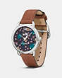 COACH®,DELANCEY WATCH WITH FLORAL DIAL, 36MM,Leather,Saddle,Angle View