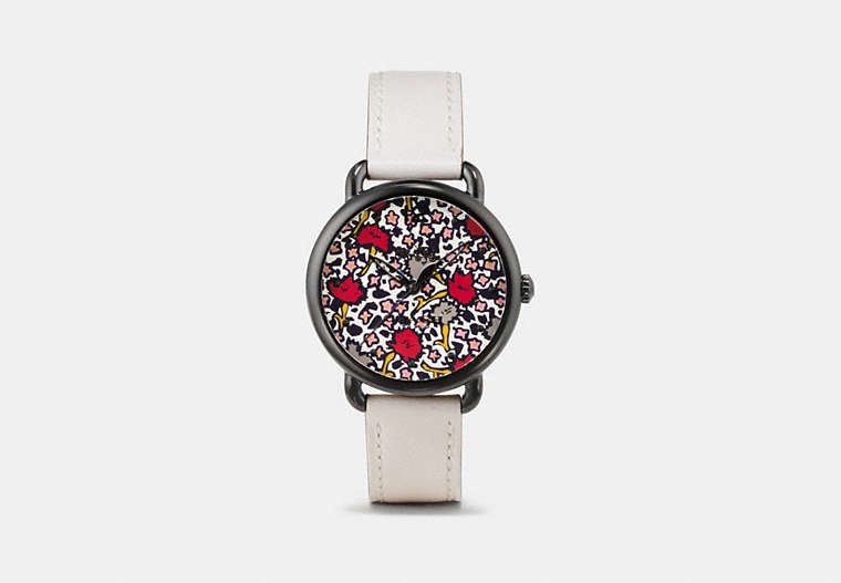 COACH®,DELANCEY WATCH WITH FLORAL DIAL, 36MM,Leather,Chalk,Front View