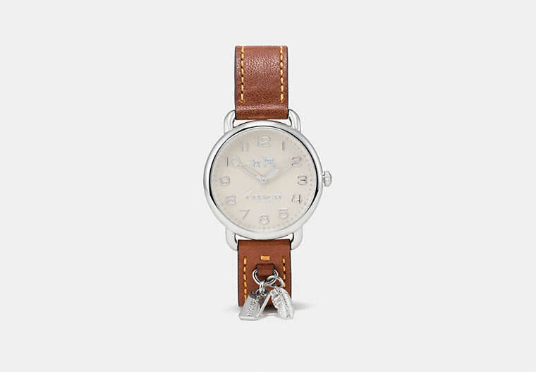 COACH®,DELANCEY WATCH WITH FEATHER CHARM, 36MM,Leather,Saddle,Front View image number 0