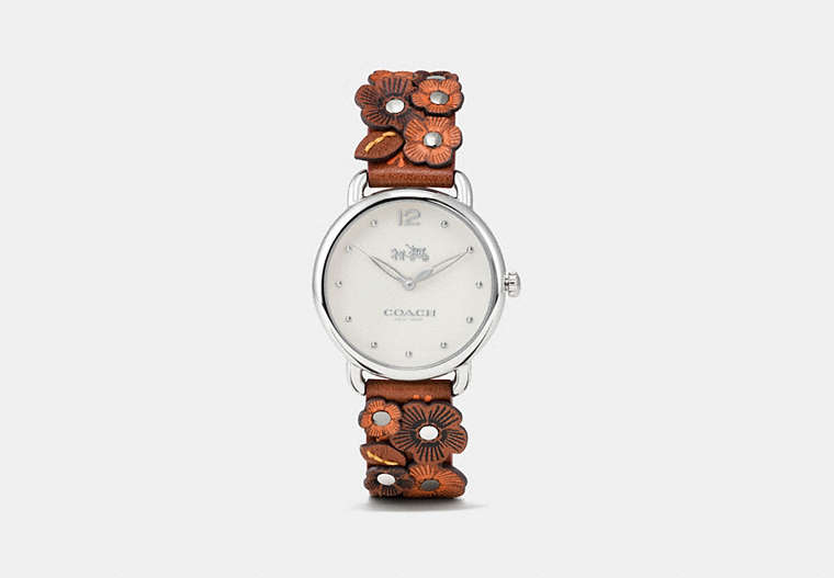 COACH®,DELANCEY WATCH WITH FLORAL APPLIQUE, 36MM,Leather,Saddle,Front View