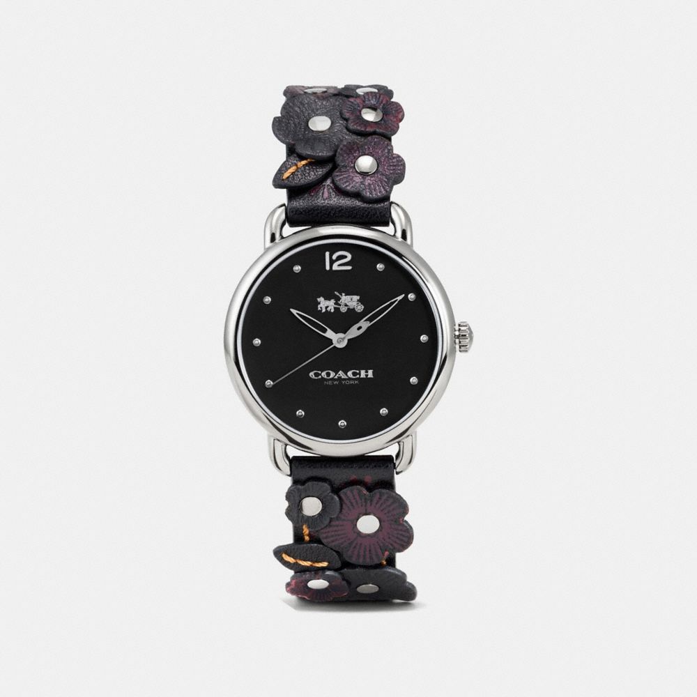 COACH®,DELANCEY WATCH WITH FLORAL APPLIQUE, 36MM,Leather,Black,Front View